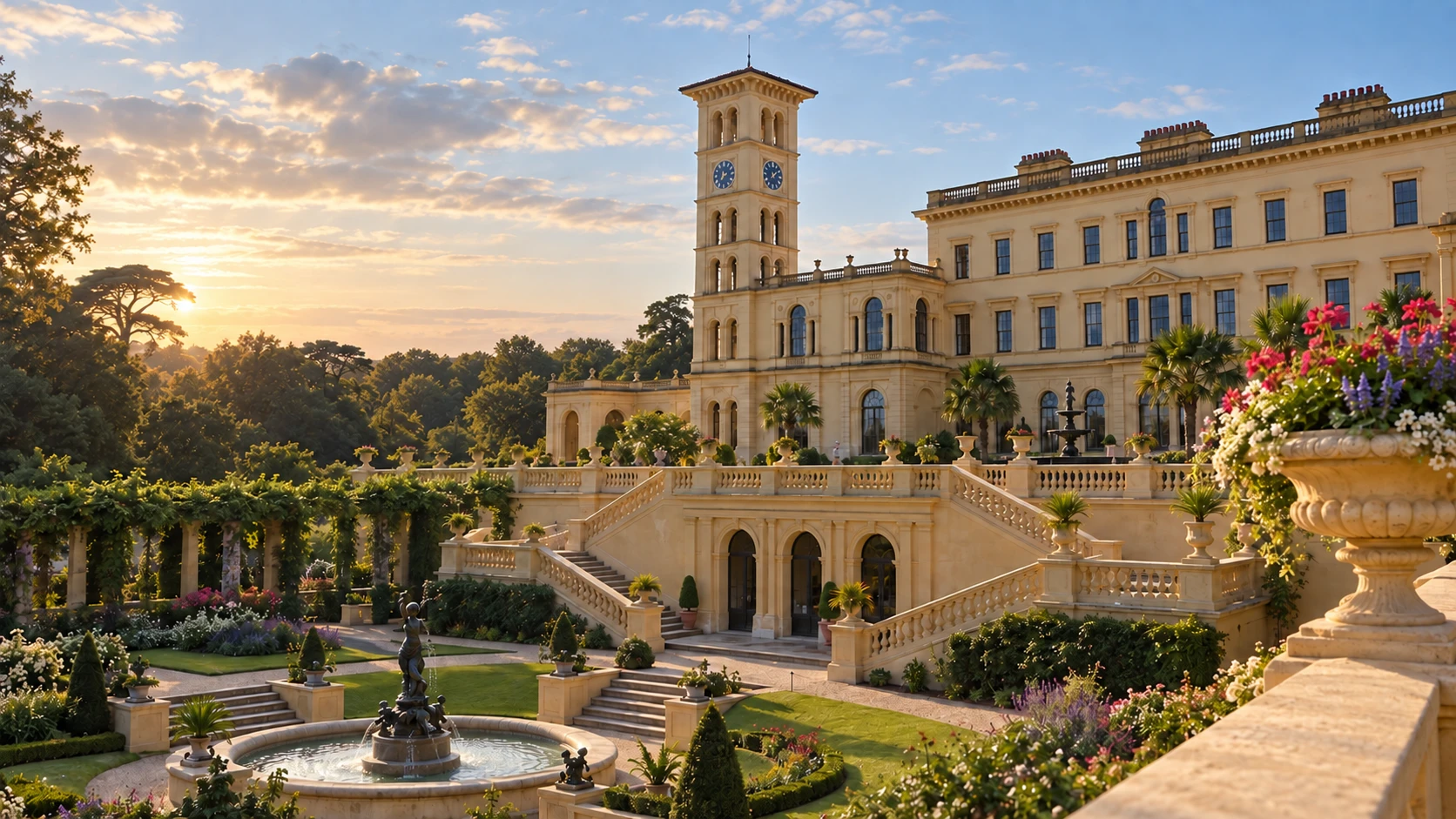 Osborne House overlooking its formal gardens and surrounding woodland on the Isle of Wight